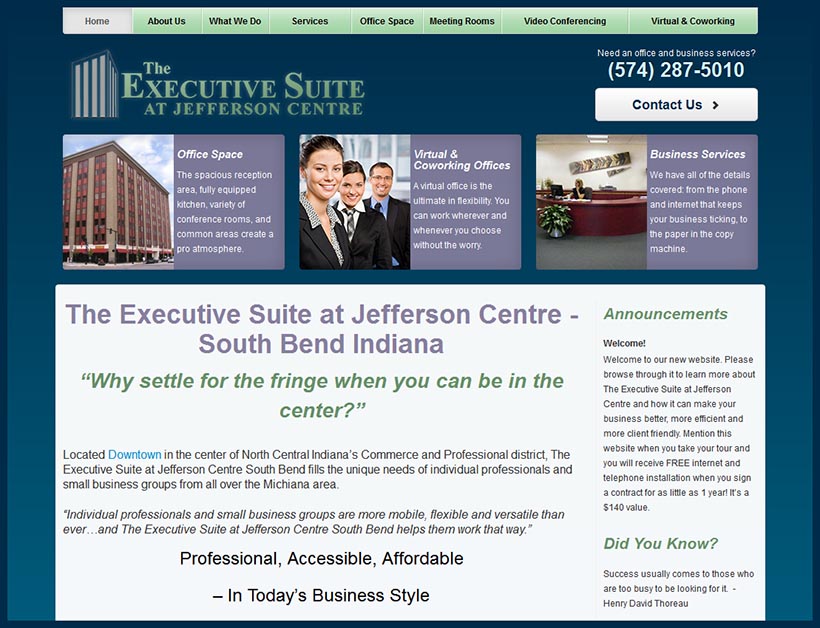 Website Design for Executive Suite at Jefferson Centre South Bend Indiana
