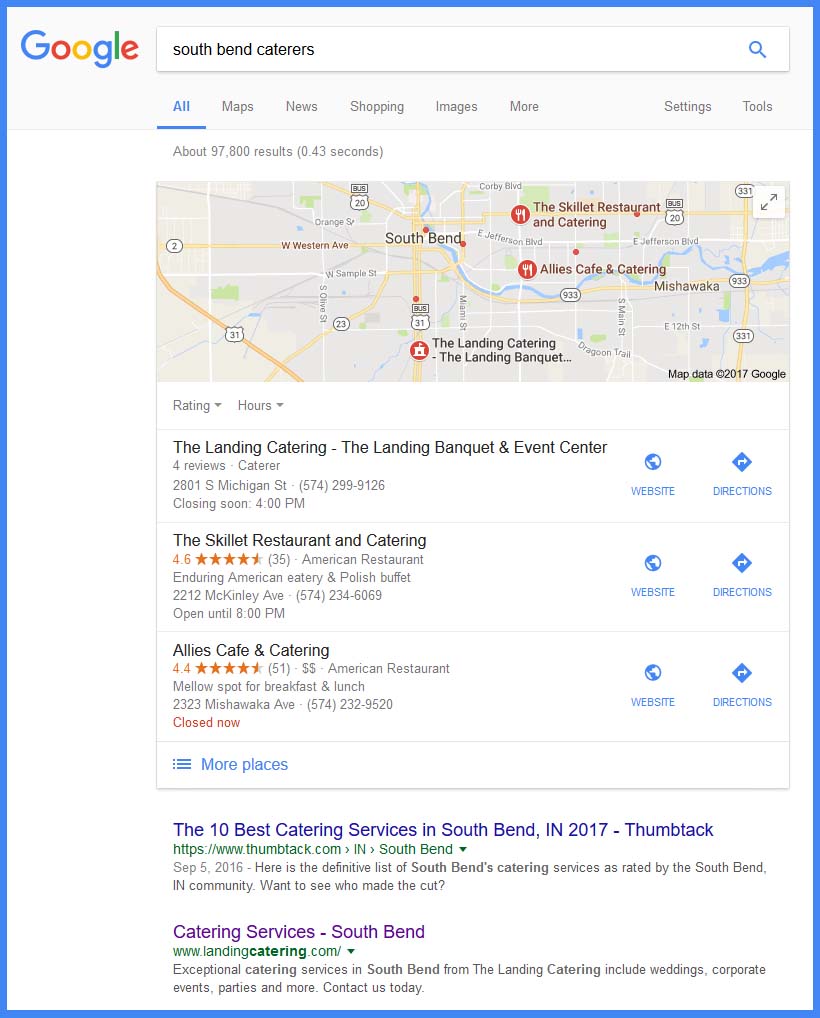 SEO Results from Case Study of Website for Caterer